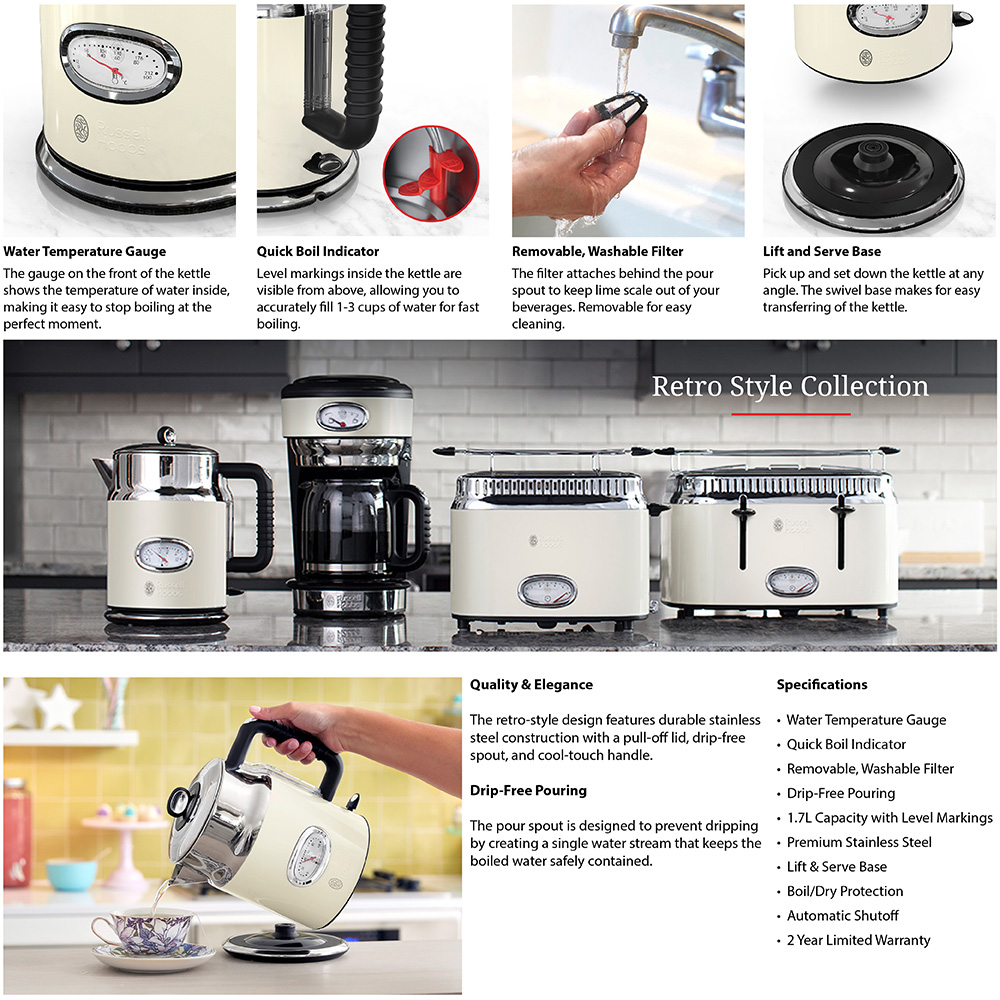 Russell Hobbs Retro Style 5Cup/1.7 l Electric Kettle in Cream and